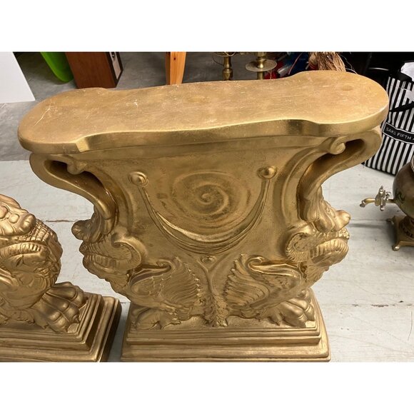 Vtg Mid 20th Century Plaster Gold Leaf Flying Gryphon Ornate Pedestals For Table - Picture 6 of 9